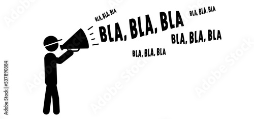 Cartoon stickman, stick figure man speakint in to the megaphone and saying bla, bla, bla or hot news or breaking news. Loudspeaker symbol. Walk or walking for protest or social media, journalism idea.