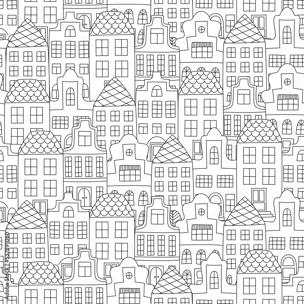 Seamless pattern with doodle style houses. Vector illustration in black and white for scrapbooking, wrapping paper, fabric, textile.