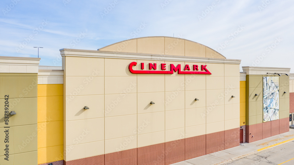 JOLIET, IL, USA APRIL 8, 2019 A drone / aerial shot of the Cinemark