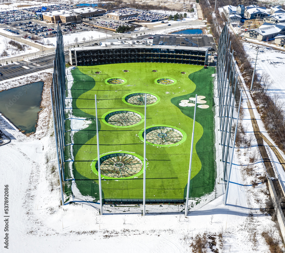 NAPERVILLE, IL, USA APRIL 15, 2019 A drone / aerial view of TopGolf