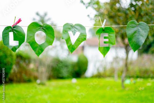 Creative love concept with letters cut on leaves hanging on a rope photo