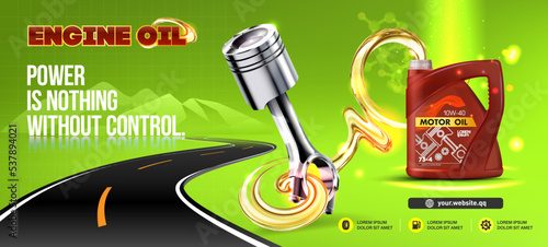 Engine oil, car piston, technical fluid canister on bright background. Motor oil bottle with splash and drops, car engine synthetic,  mineral oil change service. Quality Ads Poster. Road and mountain.