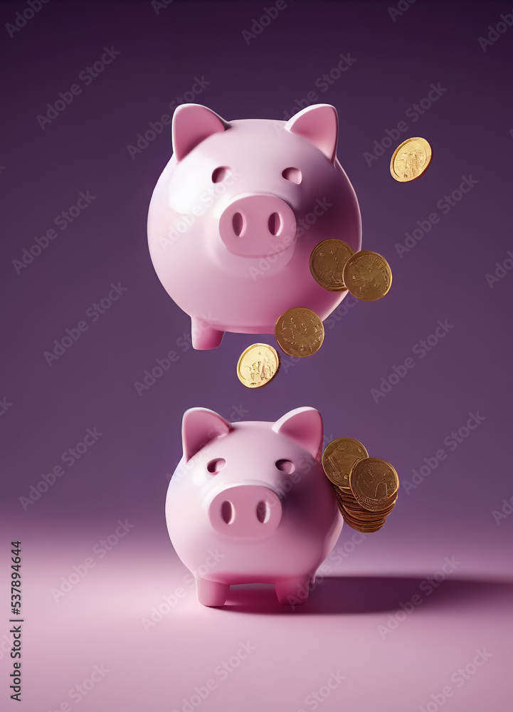 Two piggy banks one over another with falling gold coins on purple background depicting compound interest, 3D illustration Two piggy banks one over another with falling gold coins on purple background depicting compound interest, 3D illustration