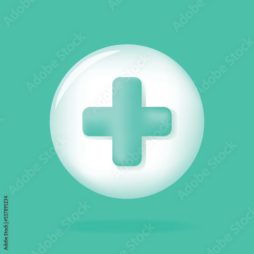 Circle button with green medical cross or plus sign. First aid, Health care, emergency help icon. 3d realistic vector illustration on white background.