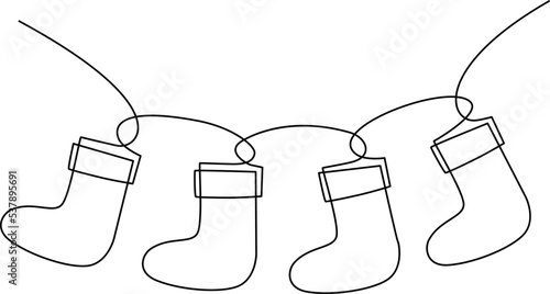 Christmas socks for gifts hang on a rope. Traditional decoration of the house for the new year. Continuous line drawing, vector illustration.