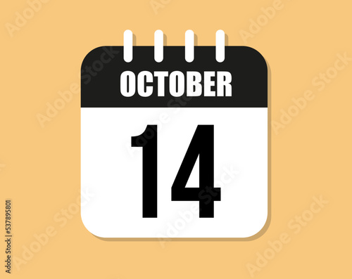 14 day october icon. Black and white october month calendar vector on orange background.