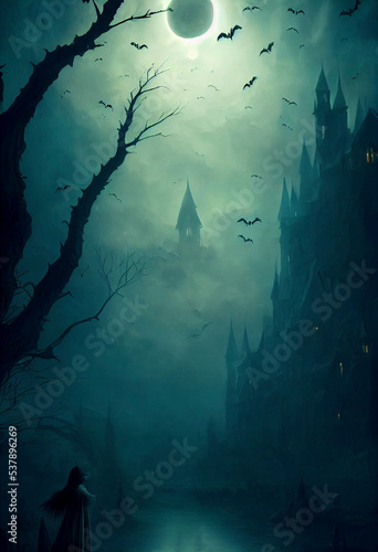 Ethereal Scenery With Witch, Spooky Trees, A Lake And Haunted Houses Dissappearing Into The Fog - Great Halloween Background