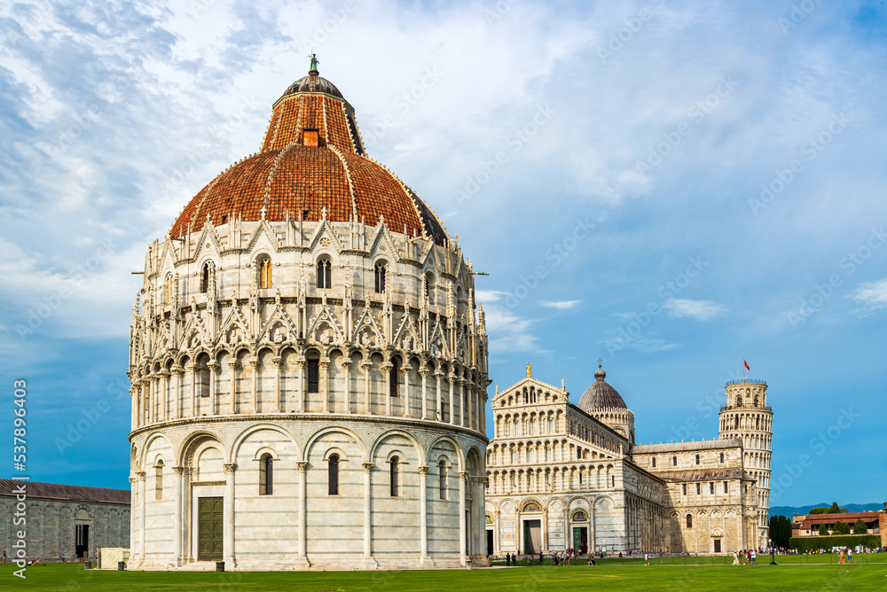 Famous historic buildings at miracles square in Pisa
