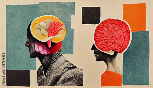 Collage aesthetic paper mixed media illustrations of creativity, personality, identity psychology consciousness, states of mind, abstract, left brain right brain (generative AI, AI)