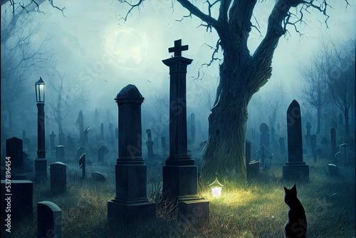 Halloween Cemetery With Black Cat - Tombstones, Fog, Trees And The Moon In The Background