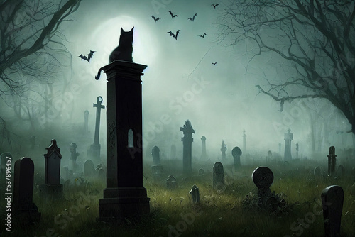 Spooky Halloween Cemetery With Black Cat Sitting On Top Of Tomb, Fog, Bats, Moon