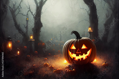 Spooky Halloween Scene With Big Jack o Lantern Pumpkin, Foggy Forest, Moore Lanterns And Little Pumpkins