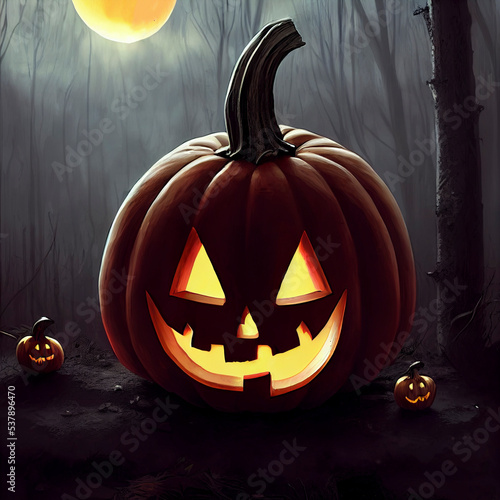 Huge Halloween Jack o Lantern Pumpkin With Two Little Ones, Foggy Forest And Moon
