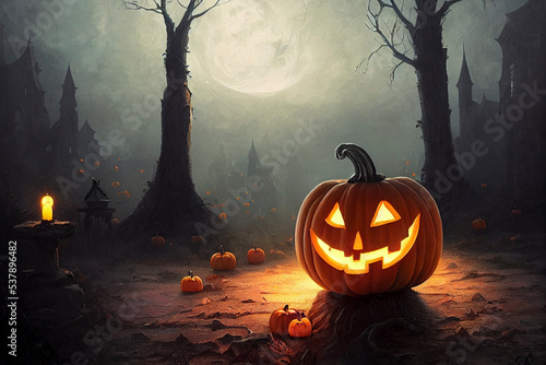 Spooky Halloween Scene With Big Jack o Lantern Pumpkin, Misty Background With Haunted Houses, Moon And Forest