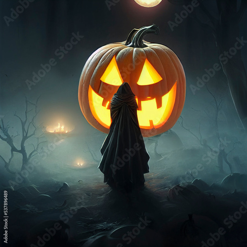 Spooky Halloween Witch Summonst Big Jack o Lantern Pumpkin, Moon And Misty Forest Background