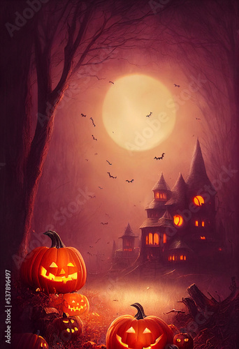 Spooky Halloween Background With Smiling Jack o Lantern Pumpkin, Hounted House, Moon And Bats