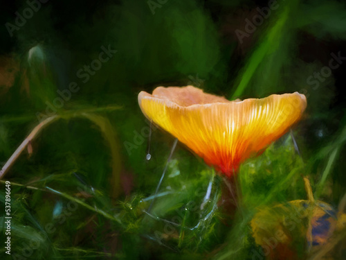 Digital abstract oil painting of a fantasy glowing mushroom in an enchanted forest.