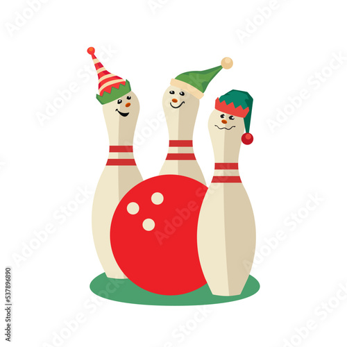 Festive bowling party pins in Elves hats vector icon. Fancy comic pins, red ball cartoon design element illustration. Christmas, New year holidays team play competition, bowling club entertainment fun