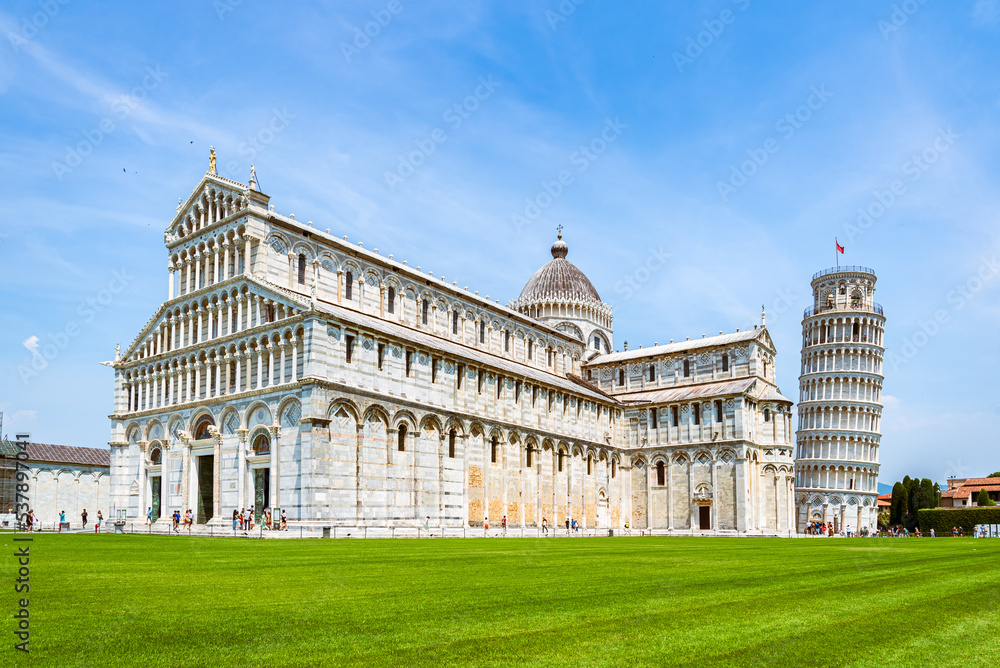 View of catholic basilica and leaning tower in Pisa