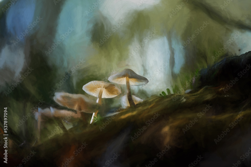 Obraz premium Digital abstract oil painting of fantasy glowing mushrooms in an enchanted forest.