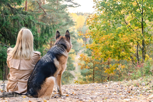 Back view of sitting woman and dog in autumn wood on the mountain