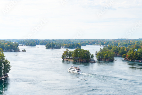 Cruise boat on St. Lawrence River in Thousand Islands area of Ontario