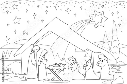A Christmas nativity coloring scene cartoon  with baby Jesus  Mary and Joseph in the manger and guiding star above.