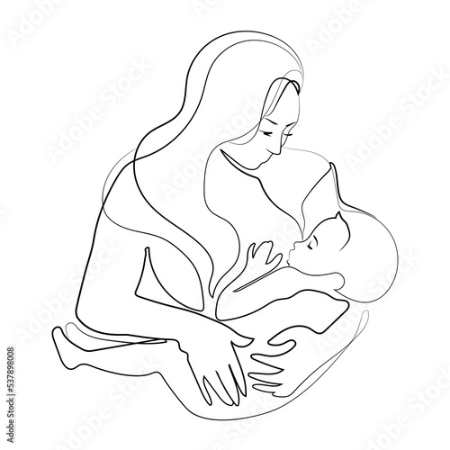 Woman breastfeeding her baby continuous line drawing,logo,icon,emblem design template,vector minimalist illustration.Mom and baby black and white sketch.Breastfeeding concept.