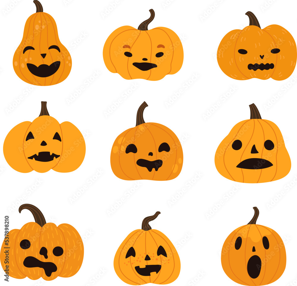 Set of Halloween scary pumpkins. Flat style vector spooky creepy pumpkins. Cartoon hand drawn halloween design. Icons for Halloween decoration. Smiling pumpkins isolated on white background. Set of Halloween scary pumpkins. Flat style vector spooky creepy pumpkins. Cartoon hand drawn halloween design. Icons for Halloween decoration. Smiling pumpkins isolated on white background.