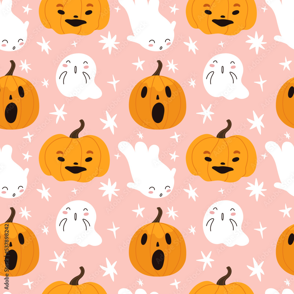 Cute Halloween vector set pattern with cartoon ghosts, pumpkins and more funny elements. Hand drawn Halloween elements on pink background. Vector illustration