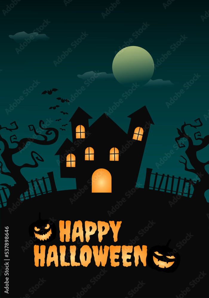 Happy Halloween Poster and greeting card with Jack-o'-lantern, Witch Castle, and Dark Green Color. Suitable to use on Halloween event. Also suitable for uploading social media at Halloween events