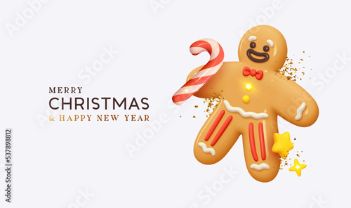 Gingerbread man with happy smile, candy cane and golden stars confetti. Christmas and New Year background. Bright Xmas holiday composition. Realistic 3d cartoon style design. vector illustration