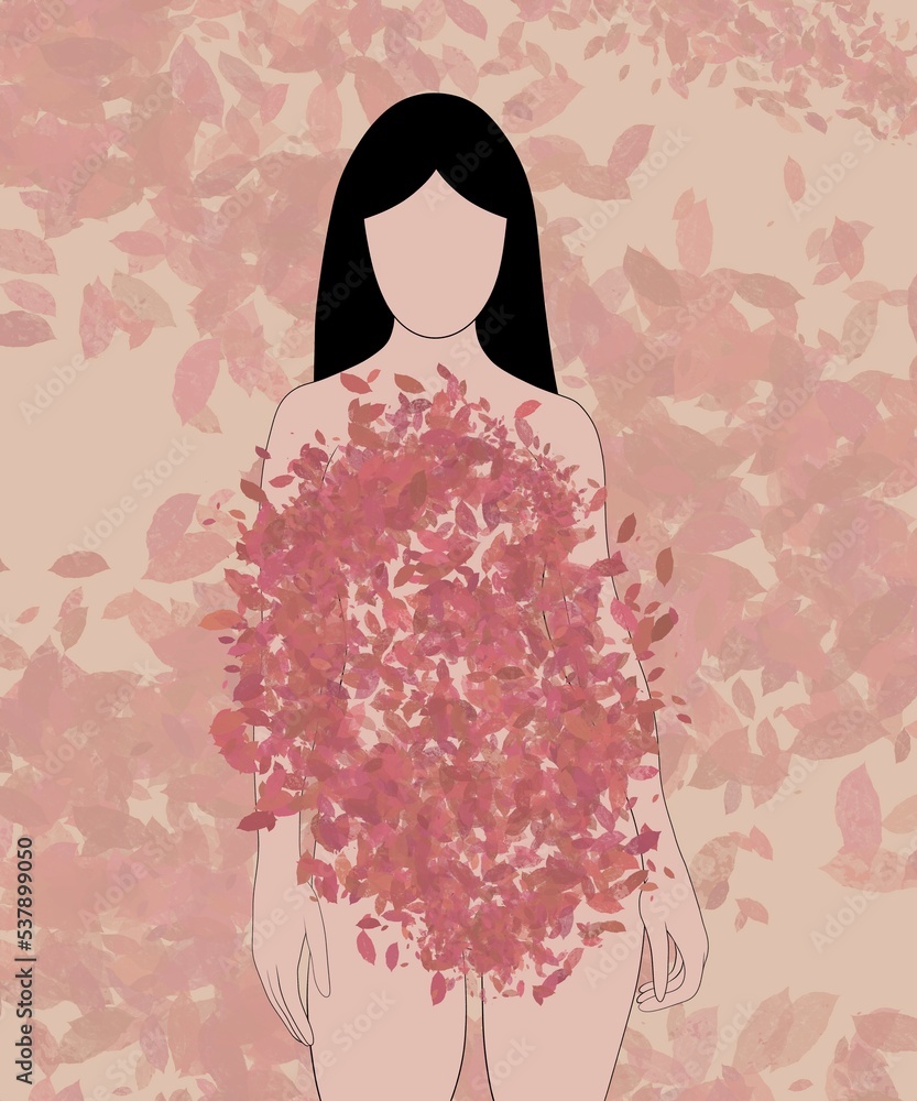 Fototapeta premium vertical illustration. isolated girl without a face, who has a delicately red dress made of leaves on a beige background, on which the leaves swirl