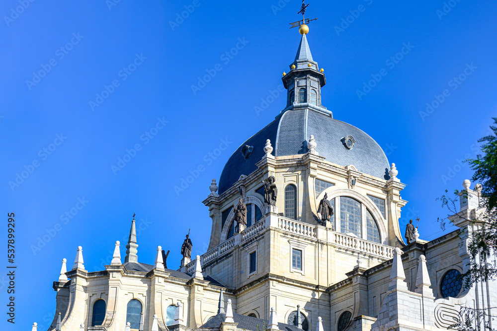 The exterior of the architectural dome in the Almudena Cathedral in Madrid, Spain