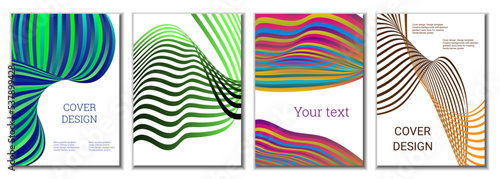 A set of 4 abstract covers. Wavy parallel gradient lines, ribbons evolve. Cover design, background. Trendy banner, poster.