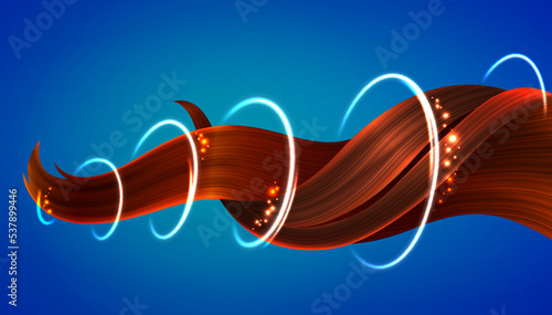 Realistic Strand of Shiny Curly Ginger Hair with Glittering Effect on Blue Background. Vector Realistic 3d Illustration