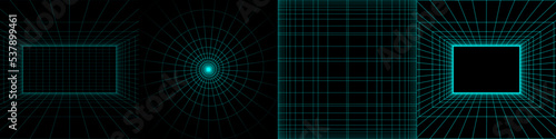 Set of Abstract Futuristic Backgrounds with Grid . Vector Dark Modern Illustration with Neon Lines