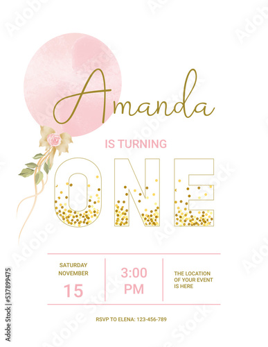 invitation card for the girl's first birthday party. Template for baby shower invitation. one year
