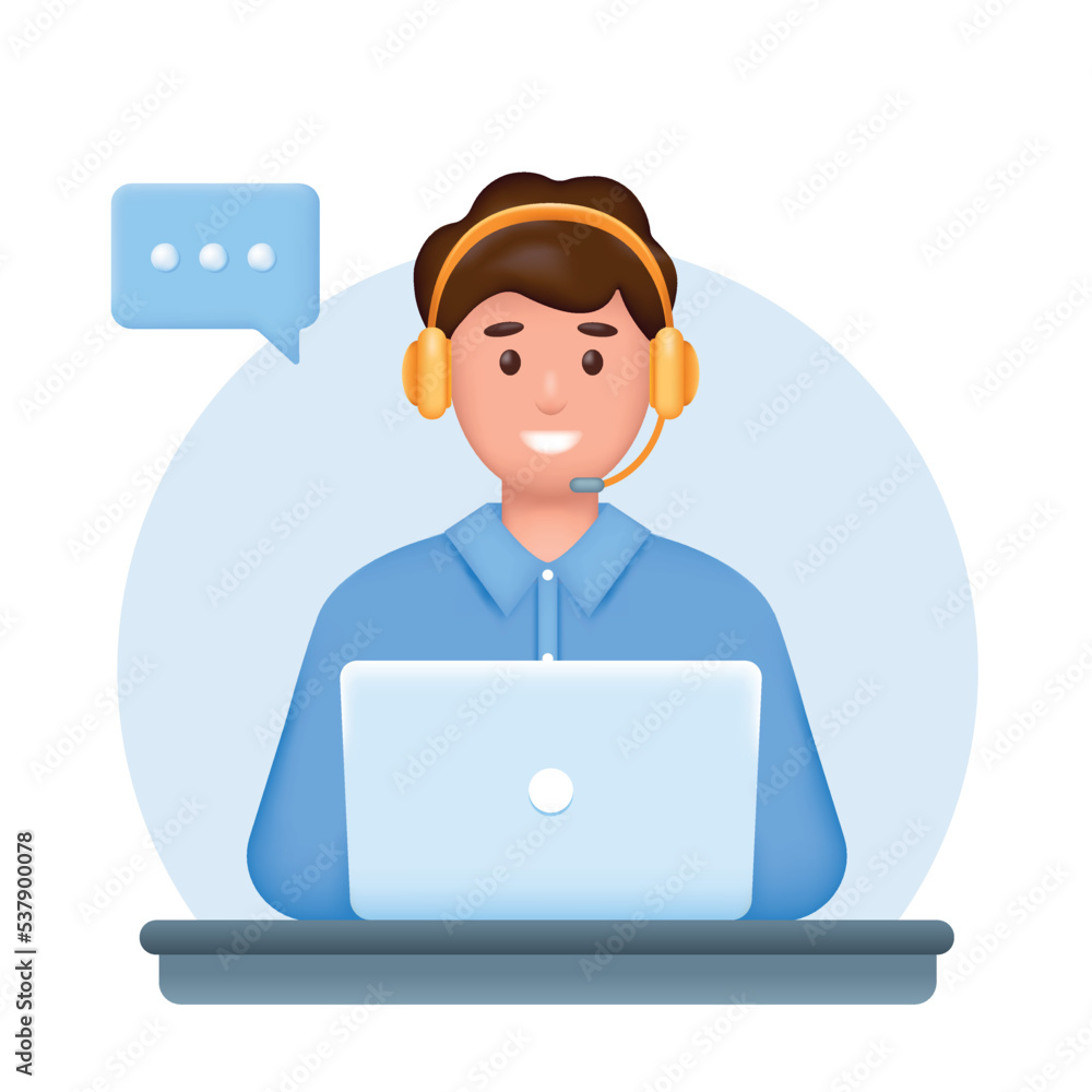 Smiling Young man with headphones, microphone and laptop. Customer service, support or call center concept. 3d Realistic cartoon vector illustration. Smiling Young man with headphones, microphone and laptop. Customer service, support or call center concept. 3d Realistic cartoon vector illustration.