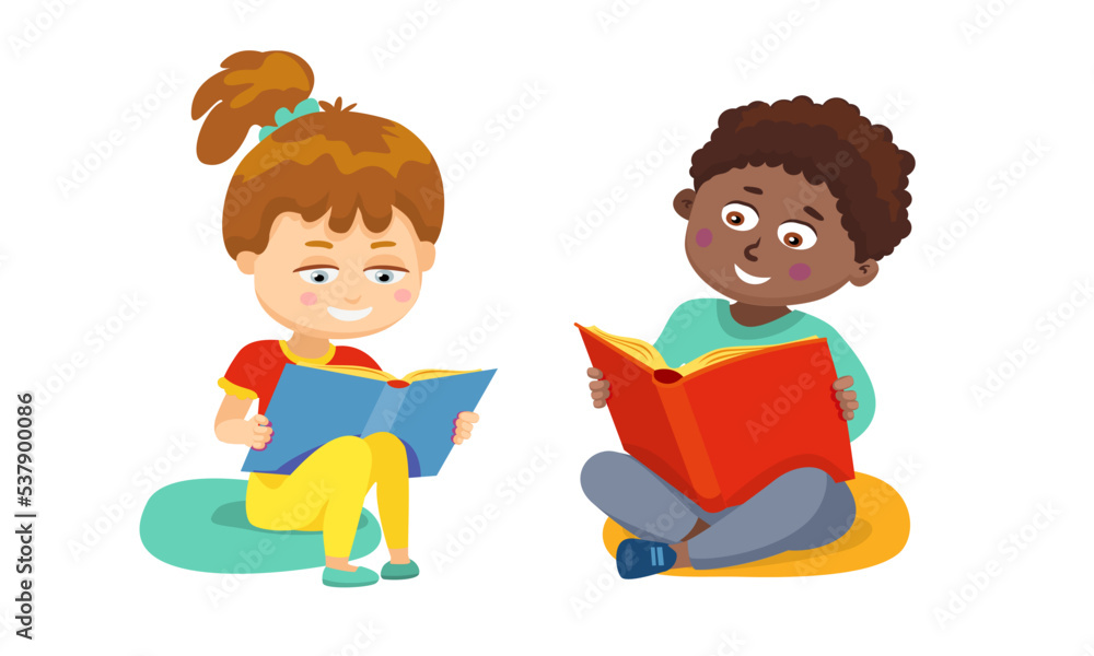 Cute two little kids sitting on the mat and reading a book. Vector illustration on white background. Cute two little kids sitting on the mat and reading a book. Vector illustration on white background.