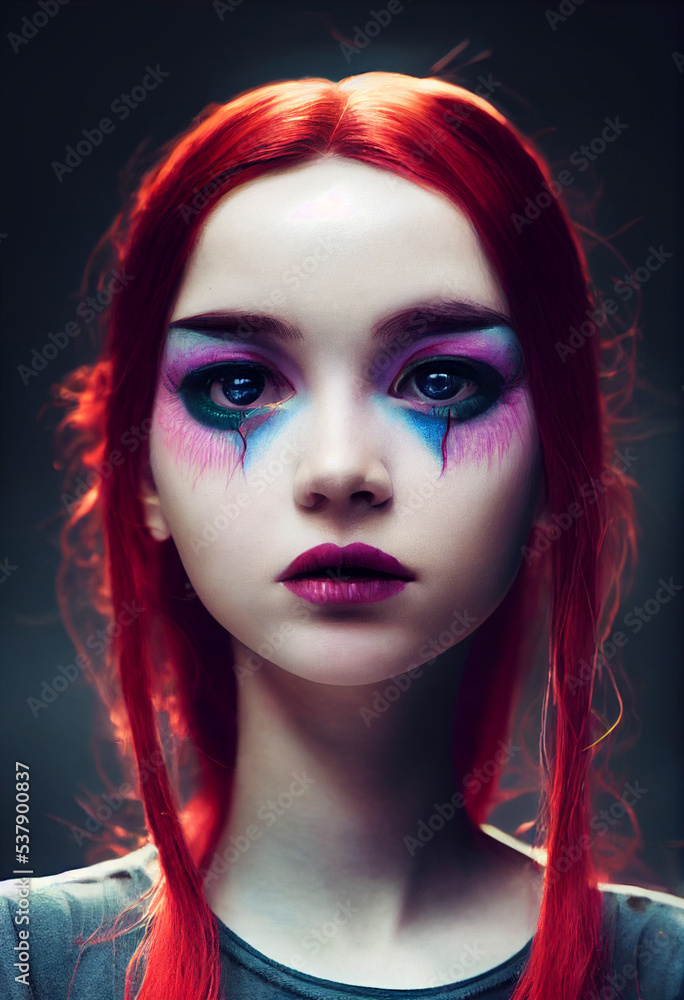 Portrait of a beautiful young alien girl with colorful blue, red, and green hair and unrealistic blue eyes, colorful make-up. Dream girl