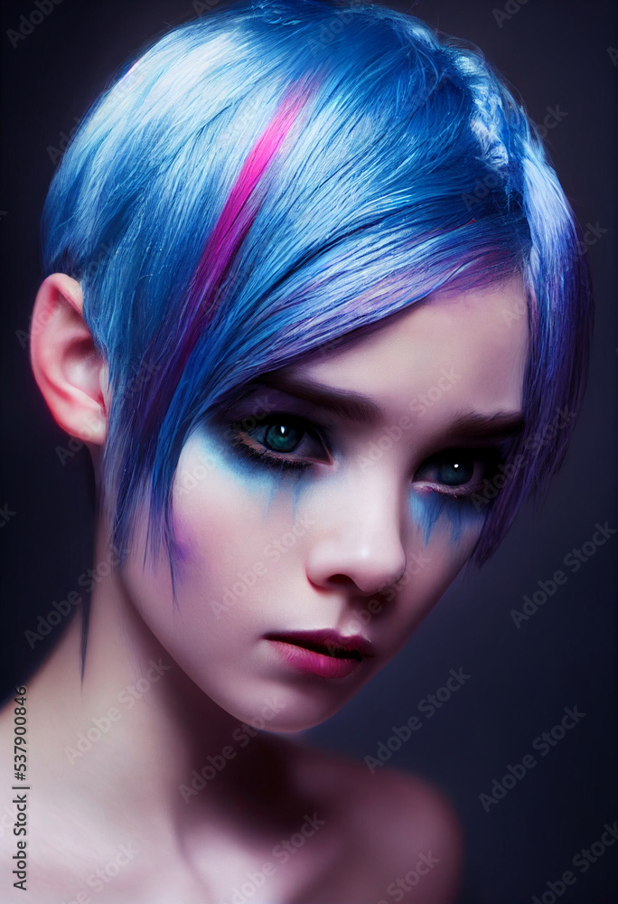 Portrait of a beautiful young alien girl with colorful blue, red, and green hair and unrealistic blue eyes, colorful make-up. Dream girl Portrait of a beautiful young alien girl with colorful blue, red, and green hair and unrealistic blue eyes, colorful make-up. Dream girl