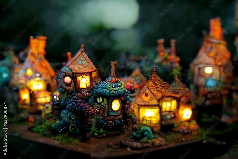 Fantasy fairytale village at night. Dim light, monster alien houses, amazing design