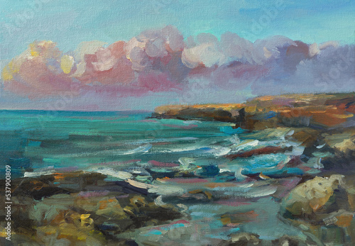 Wallpaper Mural Sea stones oil painting. Summer abstract art background. Natural orange-blue wavy texture. Impressionist paintings. Seascape at sunset. The concept of summer holidays. Contemporary Art for Design Torontodigital.ca