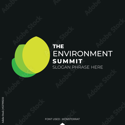 logo graphic design of green leaves made of different shapes -  annual event  summit and title made for the Environment theme - climate change and environment issues, global warming