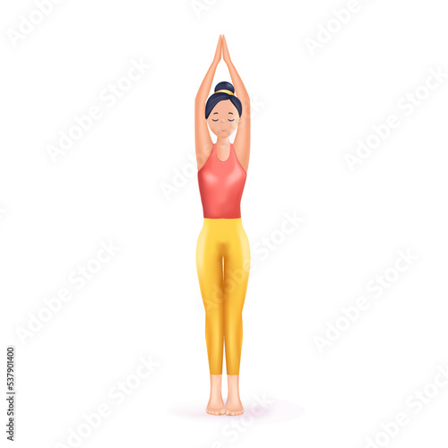 Meditation 3D illustration. Happy calm Woman meditating. Zen, yoga, meditation, relax, recreation, healthy lifestyle. Harmony and balance life. Psychology, selfcare. 3D vector