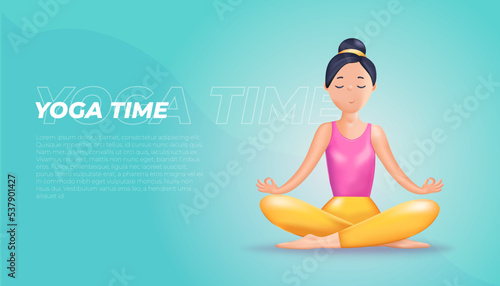 Banner template with Meditation 3D women. Happy calm Woman meditating. Zen, yoga, meditation, relax, recreation, healthy lifestyle. 3D vector