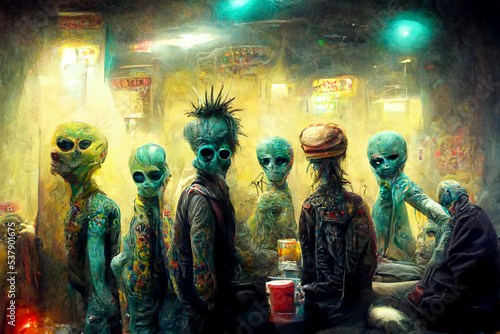 Ugly junkie monsters having fun and drinking. Punk aliens in the casino and bar photo