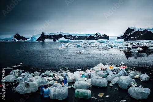 Fototapeta Plastic bottle waste washed on atlantic shoreline, northern beach polluted envir