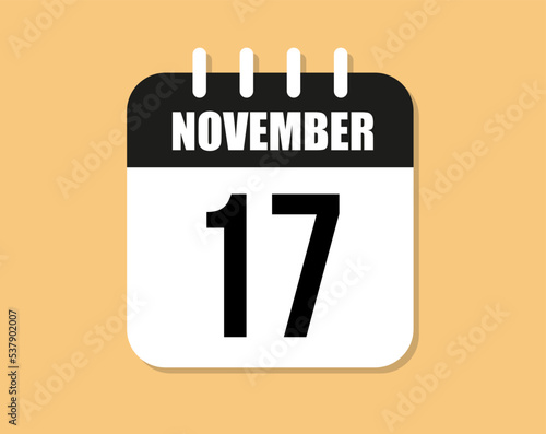 17 day november icon. Black and white november month calendar vector on orange background.